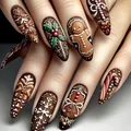 Kerst stiletto kunstnagels met 3D ontwerpen van peperkoek en sneeuwvlokken - Bruine Peperkoekman Handgeschilderde Reliëf Stijl (YS1126)