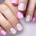 Short square glossy press-on nails in pink with sweet floral patterns and glitter dots - Pink Floral Style (YS772)