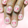 Unghie finte quadrate corte con fiocchi 3D e cuori rosa in stile French tip - Ys771 (senza Attrezzi)