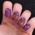 Halloween purple matte press-on nails featuring cartoon pumpkin and yellow star designs - Matte Purple Pumpkin Star Style (YS190)