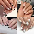 Coffret de 96 faux ongles brillants avec pointes françaises et motifs d'étoiles - Style Rose Nude Français Étoile Carreaux (ZH015)