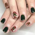 Uñas postizas cortas verde oscuro brillante con árbol de Navidad y purpurina dorada - Estilo Árbol de Navidad Verde Oscuro (YS250)