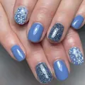 Short square blue press-on nails with white snowflakes and glittering winter design - YS295 Style (No Tools)
