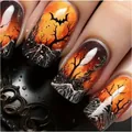 Kurze eckige künstliche Nägel mit glänzender Halloween-Sonnenuntergangs-Fledermaus-Optik - Halloween Fledermaus Toter Baum Stil (YS317)