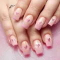 Pink French square press-on nails with glitter heart accents for Valentine's Day - No Tools Version / Pink Glitter Heart Style (YS343)