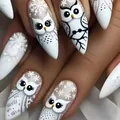 Short almond Christmas press-on nails with cartoon owl and 3D snowflake designs - Owl Snowflake Pattern Style (YS415)