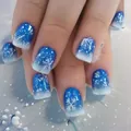 Blue and white gradient square fake nails with snowflake designs and silver glitter - Blue White Gradient Snowflake Style (YS391)