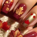 Uñas postizas de otoño en color burdeos brillante y dorado con hojas de arce - Estilo Hoja de Arce Rojo Vino y Dorado (YS427)