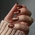 Short almond press-on nails in deep red with elegant golden wheat ear patterns - Burgundy Red With Gold Wheat Style (No Tools)