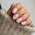 Glossy nude pink press-on nails with white heart designs in medium square oval shape - Nude Base White Heart (YS122) / Without Tools