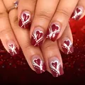 Red square-oval press-on nails with silver hearts and V-shaped glitter dots for dating - Square Shape (YS499) / 24 Count (Without Tools)