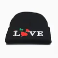 Gorro de punto negro para mujer con bordado de rosa roja y letras LOVE en relieve - Ajustable / Negro