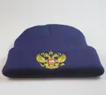 Berretto in maglia blu navy con ricamo dorato dell'emblema russo e trama a costine - Blu navy