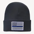 Schwarze Strickmütze mit besticktem Thin Blue Line Flagge Patch für kalte Wintertage - Schwarz