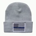 Graue Strickmütze mit einer US-Flaggen-Stickerei mit dünnem blauen Streifen - Grau