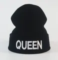 Detail of white QUEEN embroidery on a black ribbed knit beanie cap for women - Adjustable / Black White QUEEN