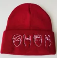 Rote Strickmütze mit weißer Rock-Gesten-Stickerei am Umschlag für den Winter - Verstellbar / Burgunderrot