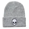 Hellgraue Strickmütze mit Alien-Stickerei und klassischem Umschlag für Damen und Herren - Grau