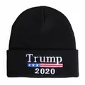 Black Trump 2020 knit beanie with American flag embroidery on a white background - Adjustable / Trump 2020 Star Flag Embroidery (Black 2)