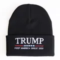 Close-up of white Trump 2020 embroidery on a black ribbed knit beanie hat - Adjustable / Trump Keep America Great 2020 Lettering (Black 3)