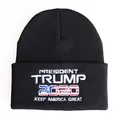 Detail of black Trump 2020 knitted beanie featuring high-quality American flag embroidery - Adjustable / President Trump 2020 Keep America Great (Black 1)