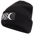 Gothic black knitted beanie featuring white pentagram and crescent moon embroidery - One Size / Black
