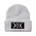 White knit GOTH beanie with black embroidered triple moon and pentagram star symbol - One Size / White