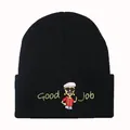 Zwarte muts met omslag en geborduurd Good Job cartoonfiguur in minimalistische stijl - Verstelbaar / Zwart