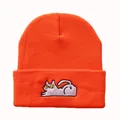 Unisex Strickmütze in leuchtendem Orange mit süßer Katzenstickerei auf dem Umschlag - Einheitsgröße / Orange