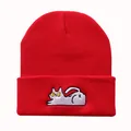 Rote Rippstrick-Beanie mit süßer Katzen-Stickerei für Damen und Herren - Einheitsgröße / Rot