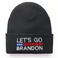 Black Let's Go Brandon embroidered knit beanie hat with American flag for men and women - Black (Brandon Text Embroidery)