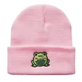 Rosa Strickmütze mit süßer grüner Frosch-Stickerei und Umschlag für warme Wintertage - Einheitsgröße / Rosa