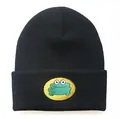 Black knit beanie with a cute green cartoon frog embroidery patch for winter - Adjustable / Black