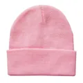 Detailansicht der feinen Strickstruktur und des Umschlags dieser pinkfarbenen Strickmütze - Rosa