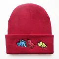 Detail von drei Dinosaurier-Stickereien auf einer roten gerippten Strickmütze - Verstellbar / Burgunderrot
