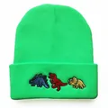 Neongrüne Strickmütze mit bunten Cartoon-Dinosaurier-Stickereien für den Winter - Verstellbar / Fluoreszierendes Grün