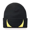 Black knit beanie with yellow devil horn embroidery in a classic hip-hop style design - Adjustable / Black with Yellow Label