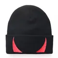 Black knitted beanie featuring red devil horn embroidery with a folded cuff design - Adjustable / Black with Red Label