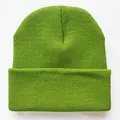 Detailansicht der hellgrünen Beanie mit feiner Rippstrickstruktur und breitem Umschlag - Herbstgrün