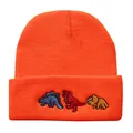 Orangefarbene Strickmütze mit bunten bestickten Cartoon-Dinosaurier-Mustern am Aufschlag - Verstellbar / Orangerot