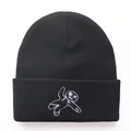 Black ribbed knit beanie with white ragdoll embroidery for outdoor winter warmth - Adjustable / Black