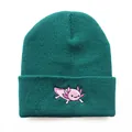Dark green knitted beanie with cute pink axolotl embroidery for winter outdoor sports - Adjustable / Dark Green