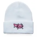 White knitted beanie with pink axolotl embroidery for men and women outdoor winter wear - Adjustable / White