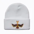 Close-up of white knit beanie featuring detailed colorful Moon Bird embroidery detail - One Size / White