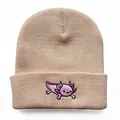 Close-up of pink axolotl embroidery on fine knit beanie with textured finish - Adjustable / Khaki
