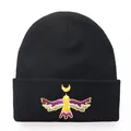 Winter knit beanie featuring detailed Moon Bird embroidery on a black ribbed cuff - One Size / Black