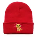 Gorro de punto rojo unisex con un lindo bordado de ajolote amarillo de estilo dibujo animado - Ajustable / Rojo
