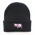 Black knit beanie featuring a pink cartoon axolotl embroidery on a white background - Adjustable / Black