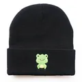 Schwarze Strickmütze für Damen und Herren mit süßer Frosch-Stickerei für warme Winter - Verstellbar / Schwarz