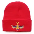 Red Moon Bird embroidered knit beanie for winter outdoor sports and warmth - One Size / Red